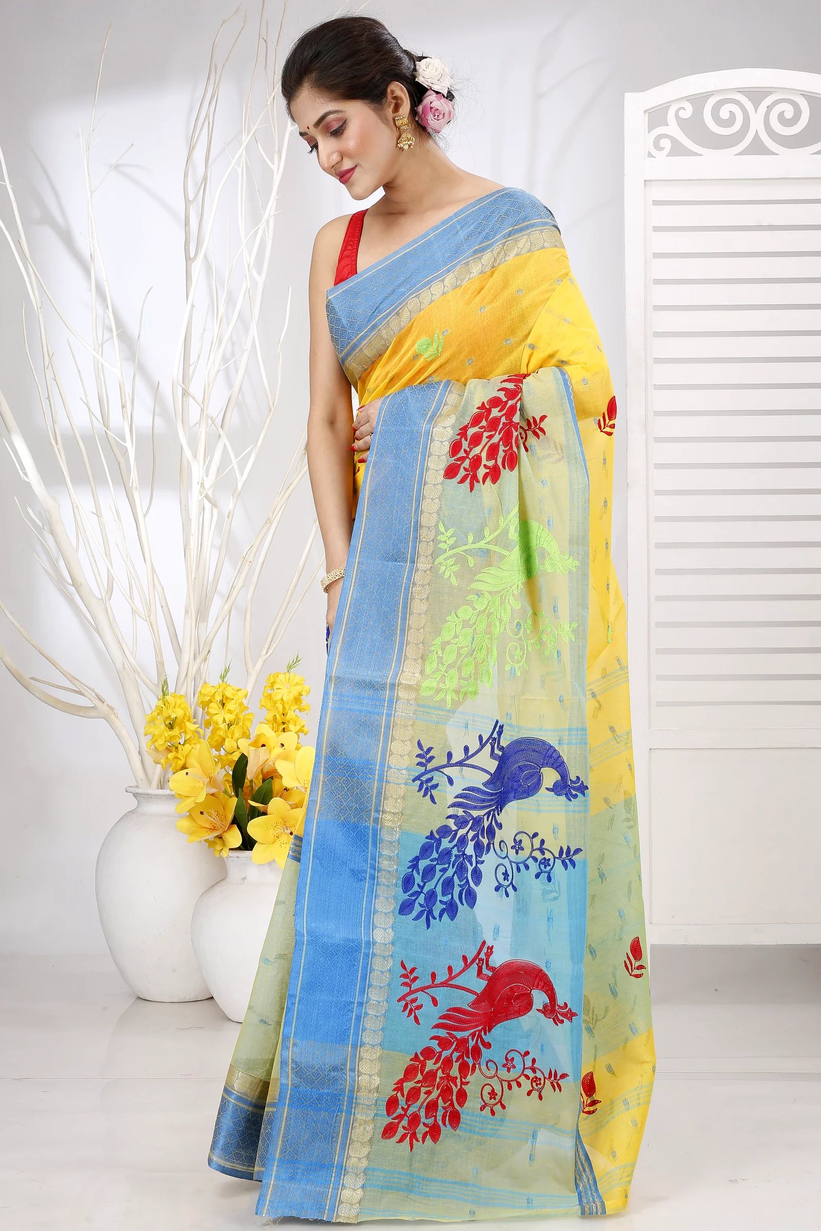 Yellow Pure Cotton Embi Ganga Moyur Tant Embroidery (1444)