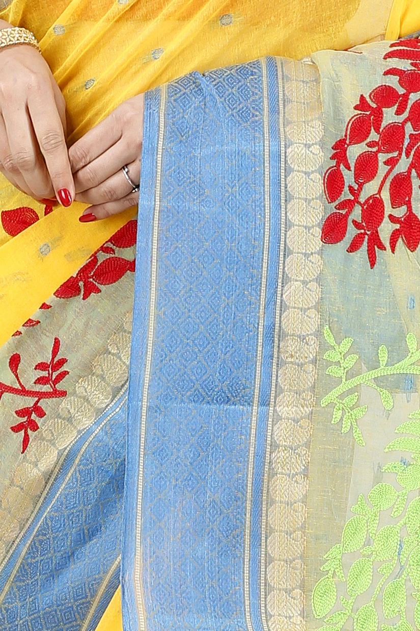 Yellow Pure Cotton Embi Ganga Moyur Tant Embroidery (1444)