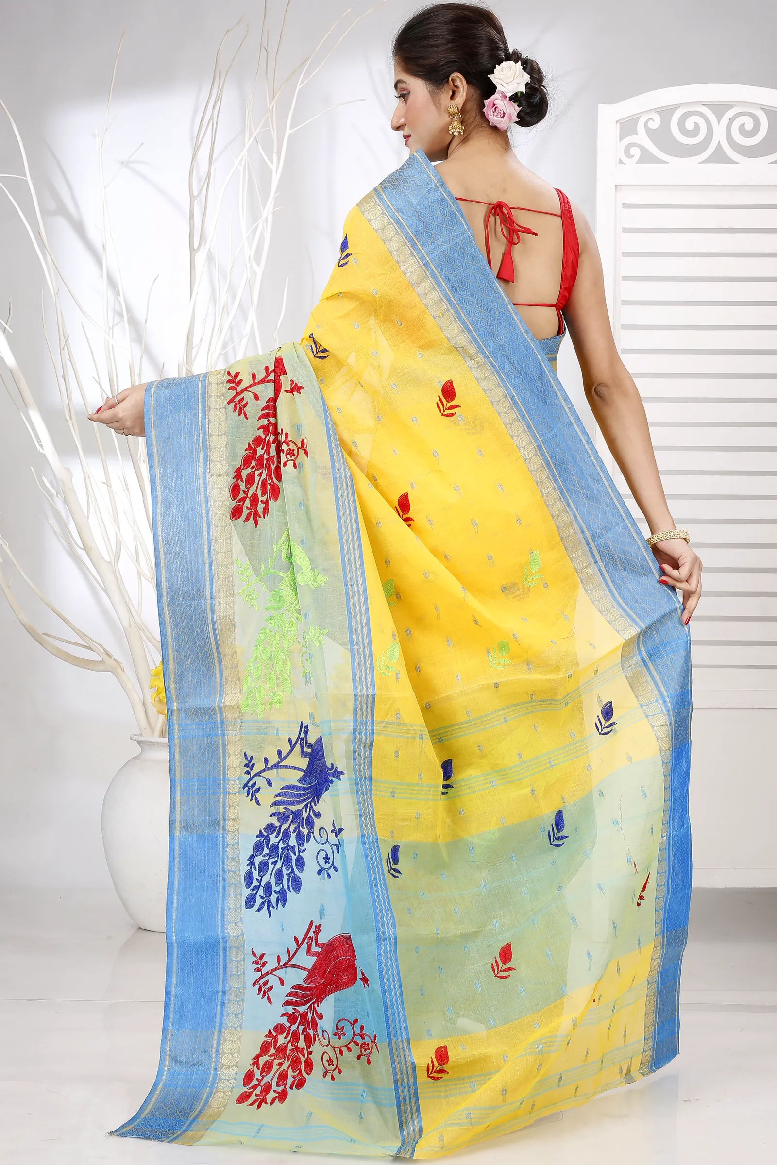 Yellow Pure Cotton Embi Ganga Moyur Tant Embroidery (1444)