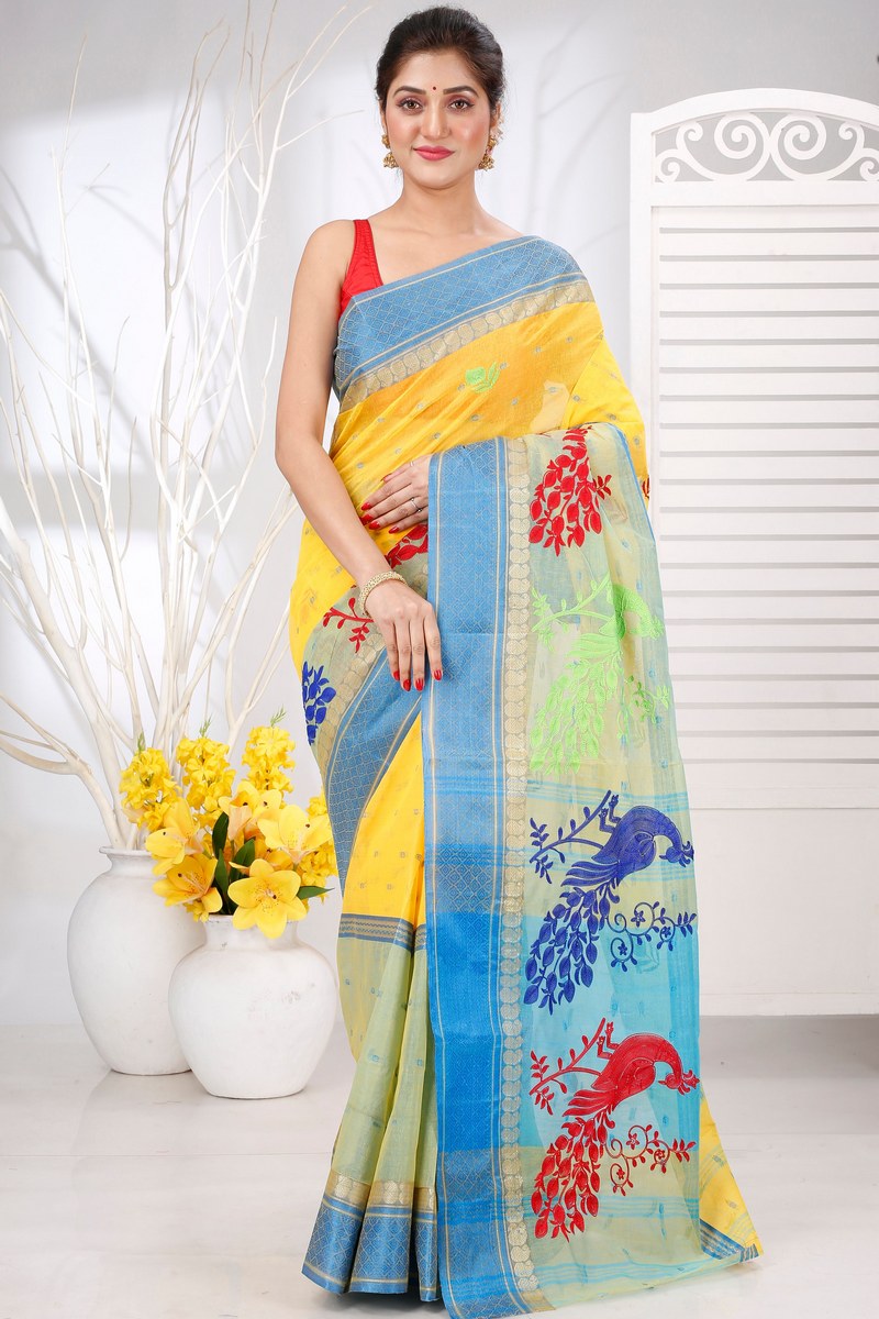 Yellow Pure Cotton Embi Ganga Moyur Tant Embroidery (1444)