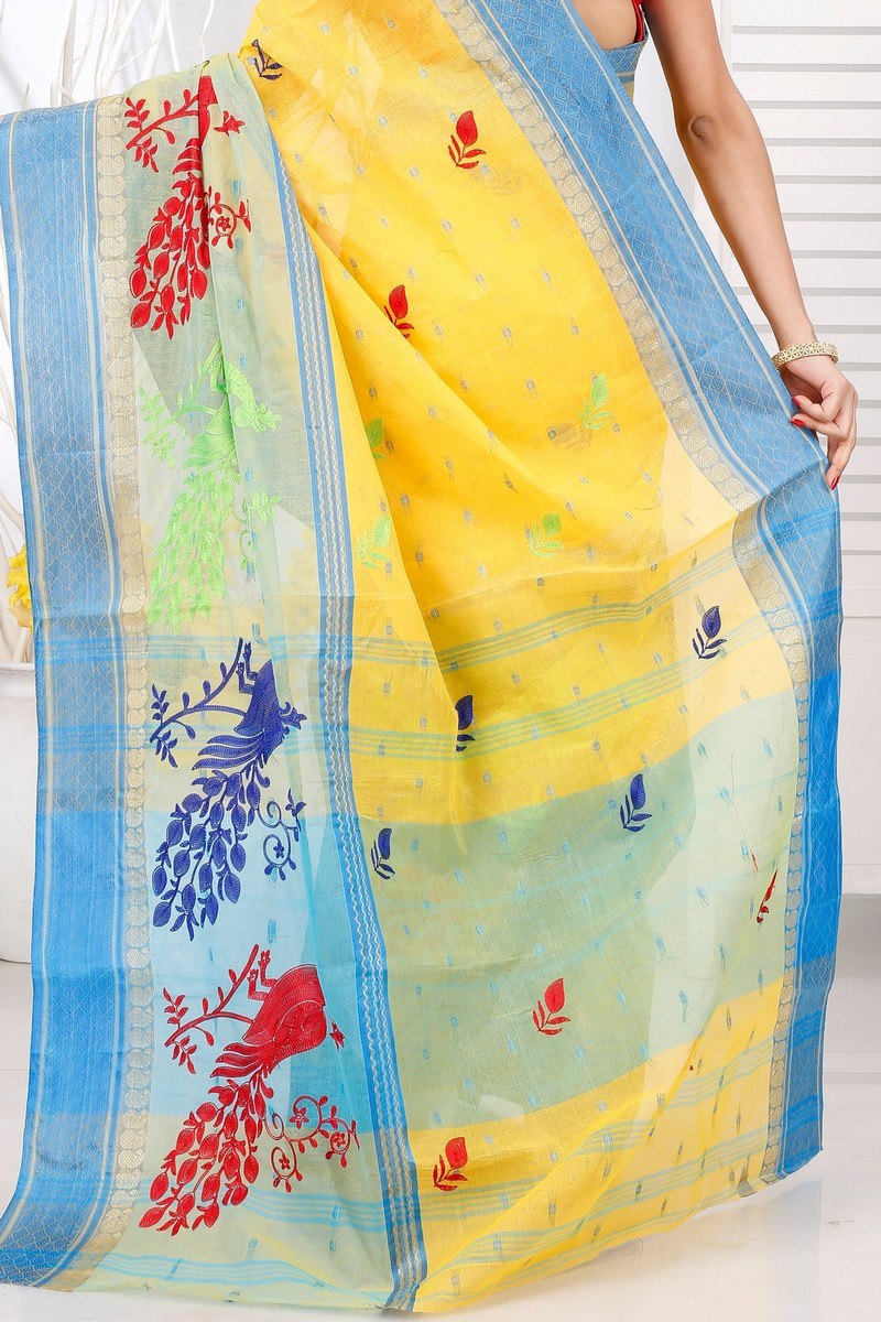Yellow Pure Cotton Embi Ganga Moyur Tant Embroidery (1444)