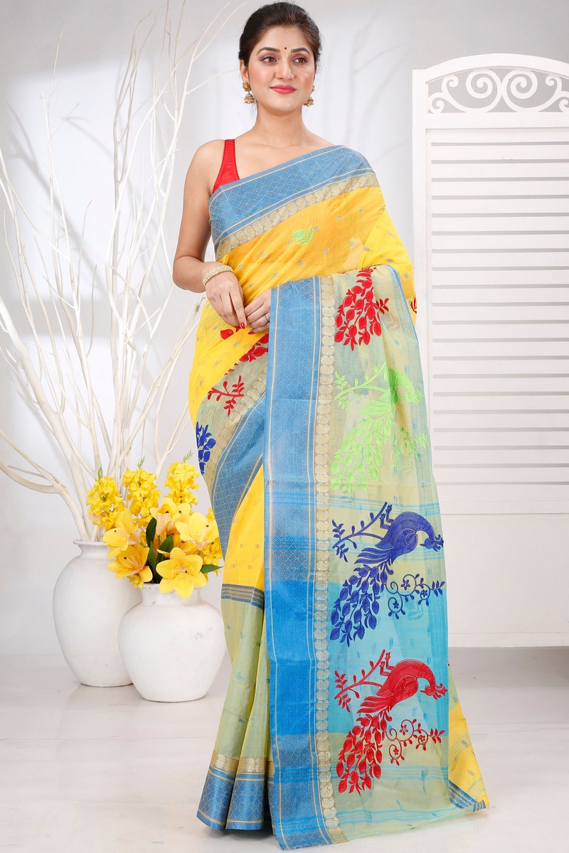 Yellow Pure Cotton Embi Ganga Moyur Tant Embroidery (1444)