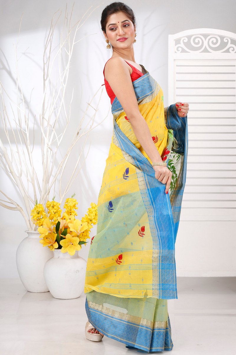 Yellow Pure Cotton Embi Ganga Moyur Tant Embroidery (1444)