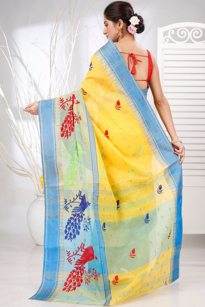 Yellow Pure Cotton Embi Ganga Moyur Tant Embroidery (1444)