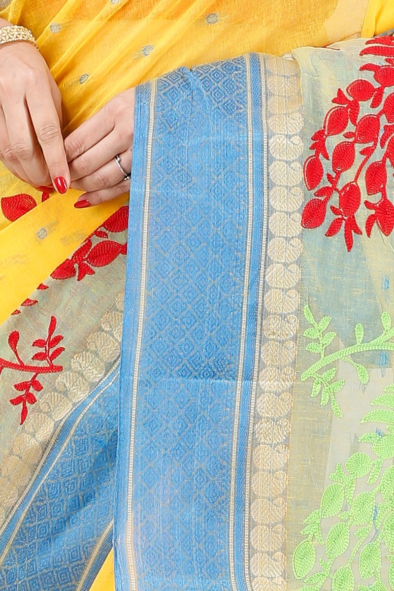 Yellow Pure Cotton Embi Ganga Moyur Tant Embroidery (1444)