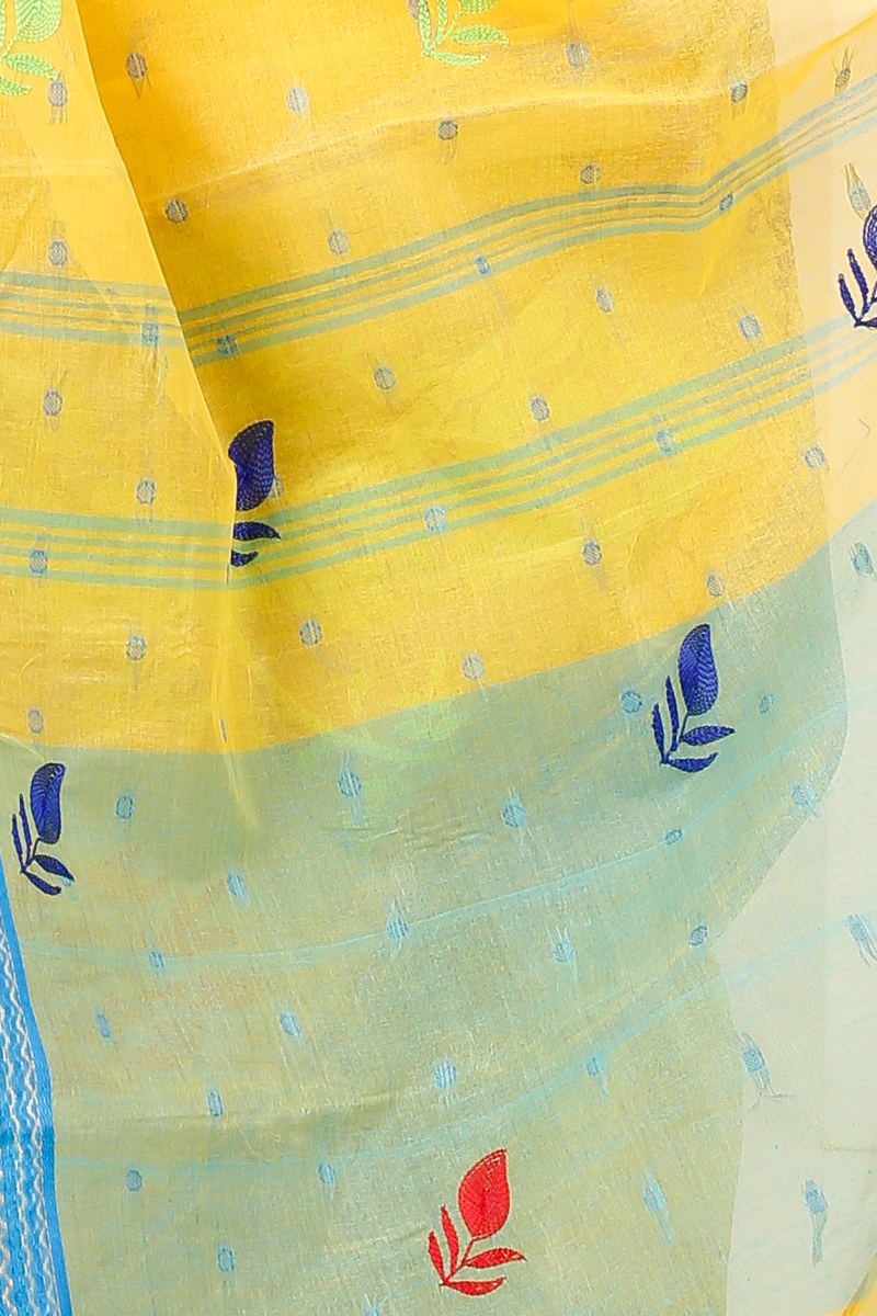 Yellow Pure Cotton Embi Ganga Moyur Tant Embroidery (1444)
