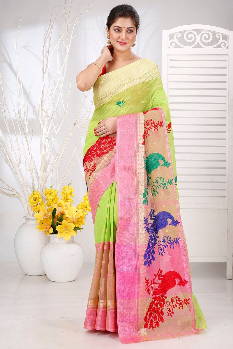 Light Green Pure Cotton Embi Ganga Moyur Tant Embroidery (1445)