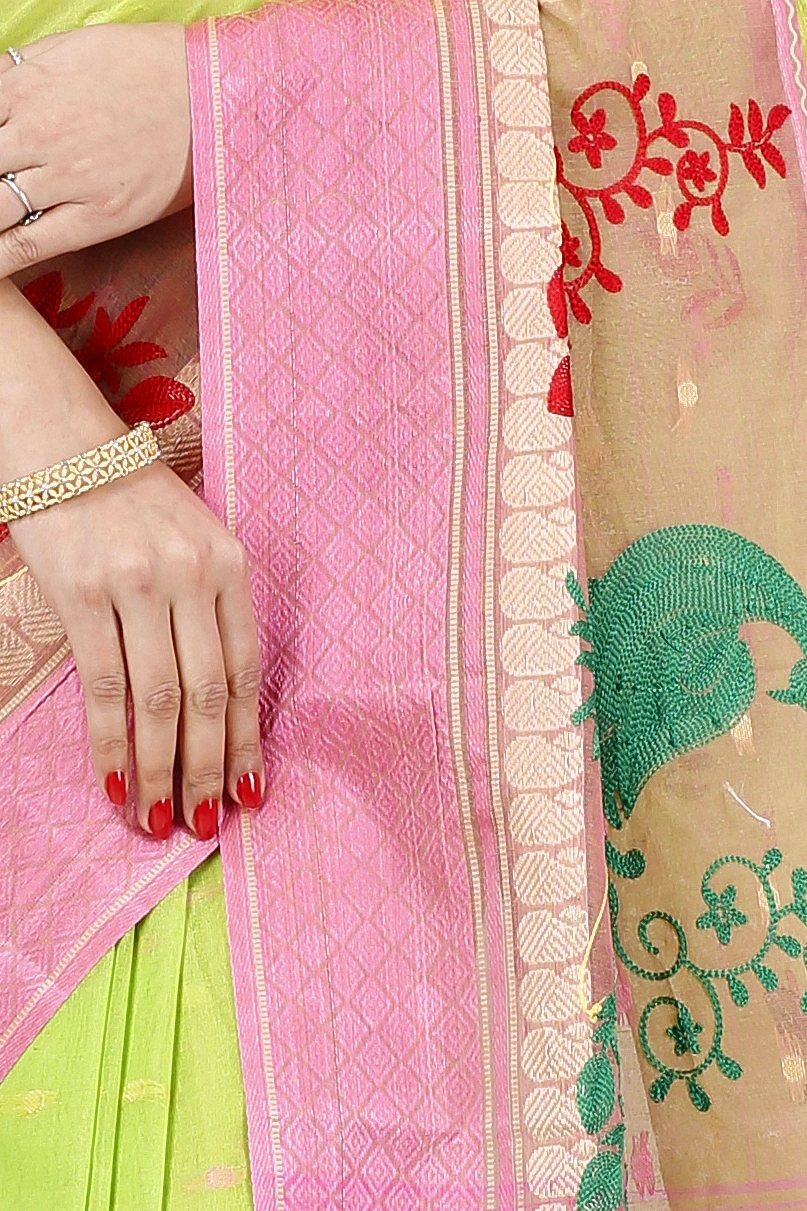 Light Green Pure Cotton Embi Ganga Moyur Tant Embroidery (1445)