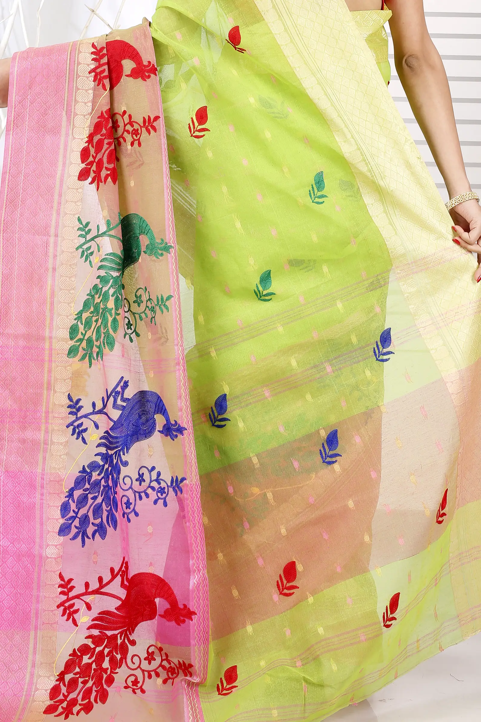 Light Green Pure Cotton Embi Ganga Moyur Tant Embroidery (1445)