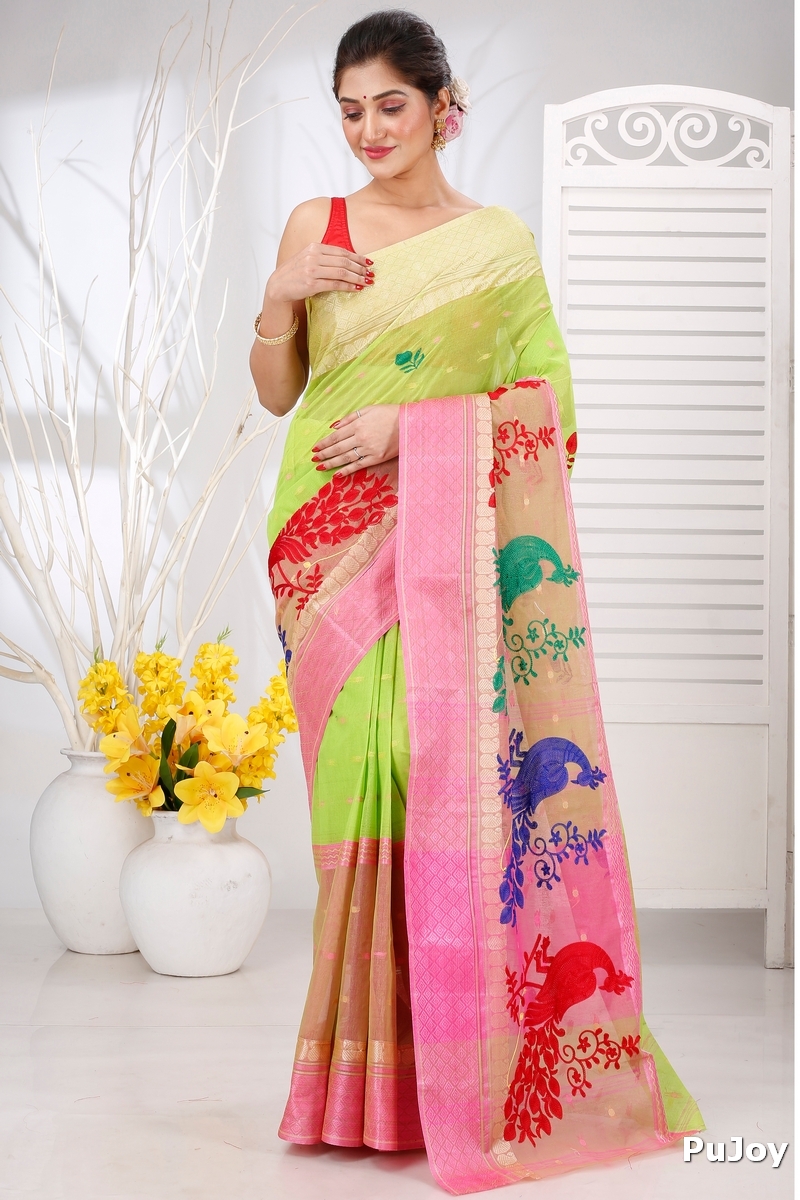 Light Green Pure Cotton Embi Ganga Moyur Tant Embroidery (1445)