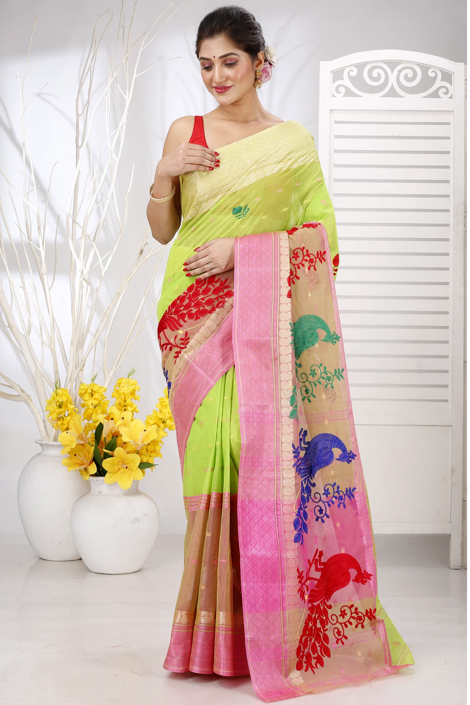 Light Green Pure Cotton Embi Ganga Moyur Tant Embroidery (1445)