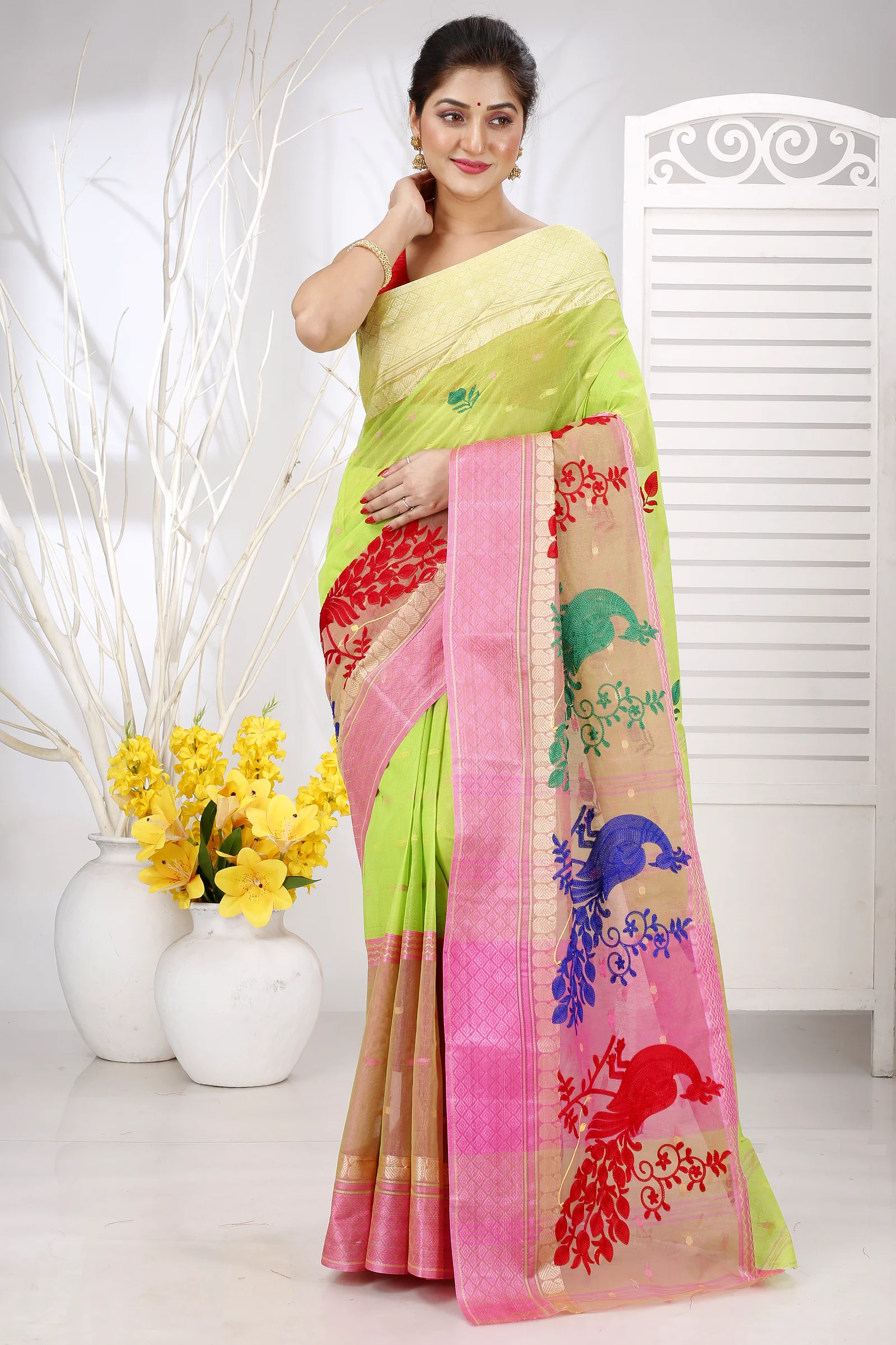 Light Green Pure Cotton Embi Ganga Moyur Tant Embroidery (1445)