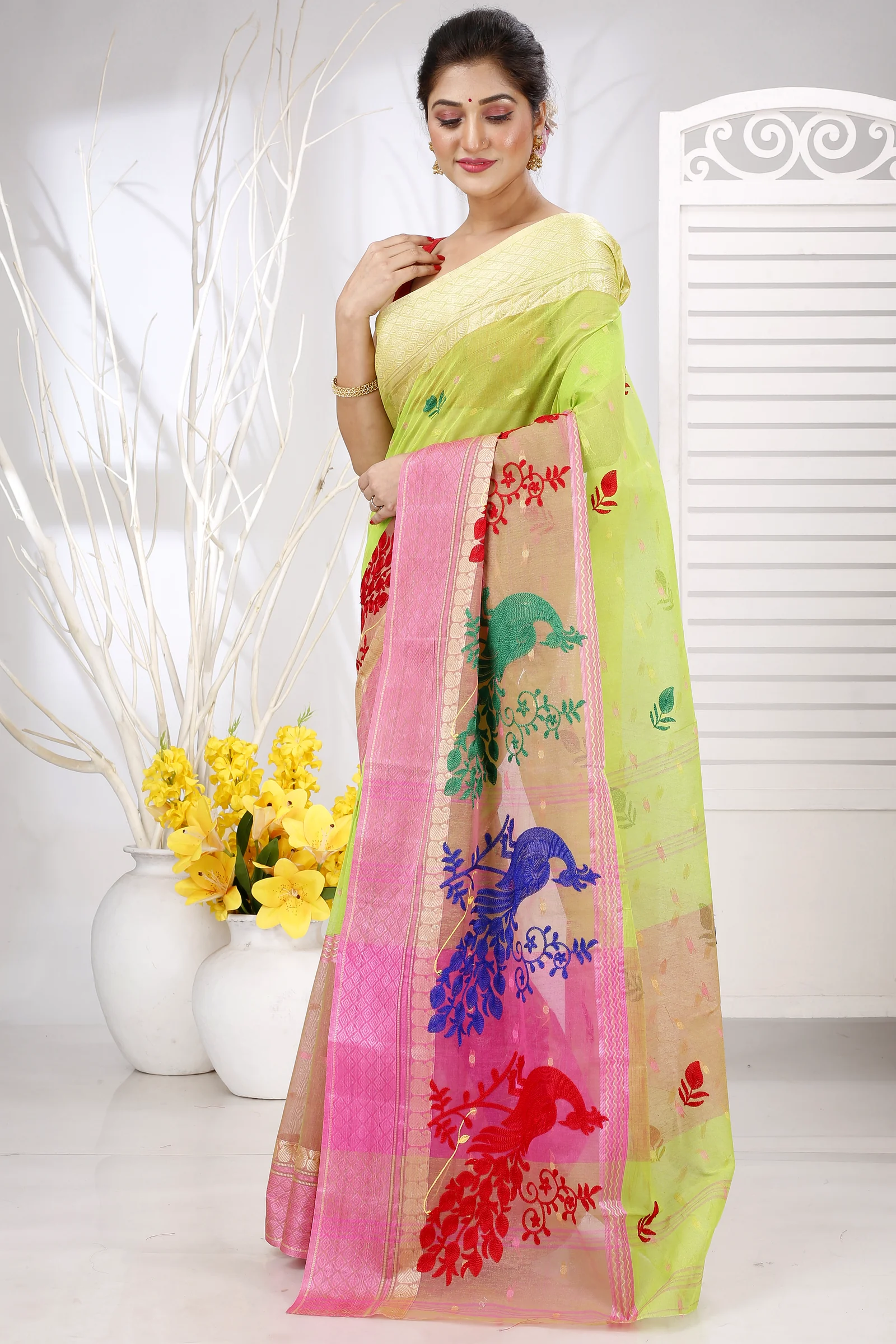Light Green Pure Cotton Embi Ganga Moyur Tant Embroidery (1445)