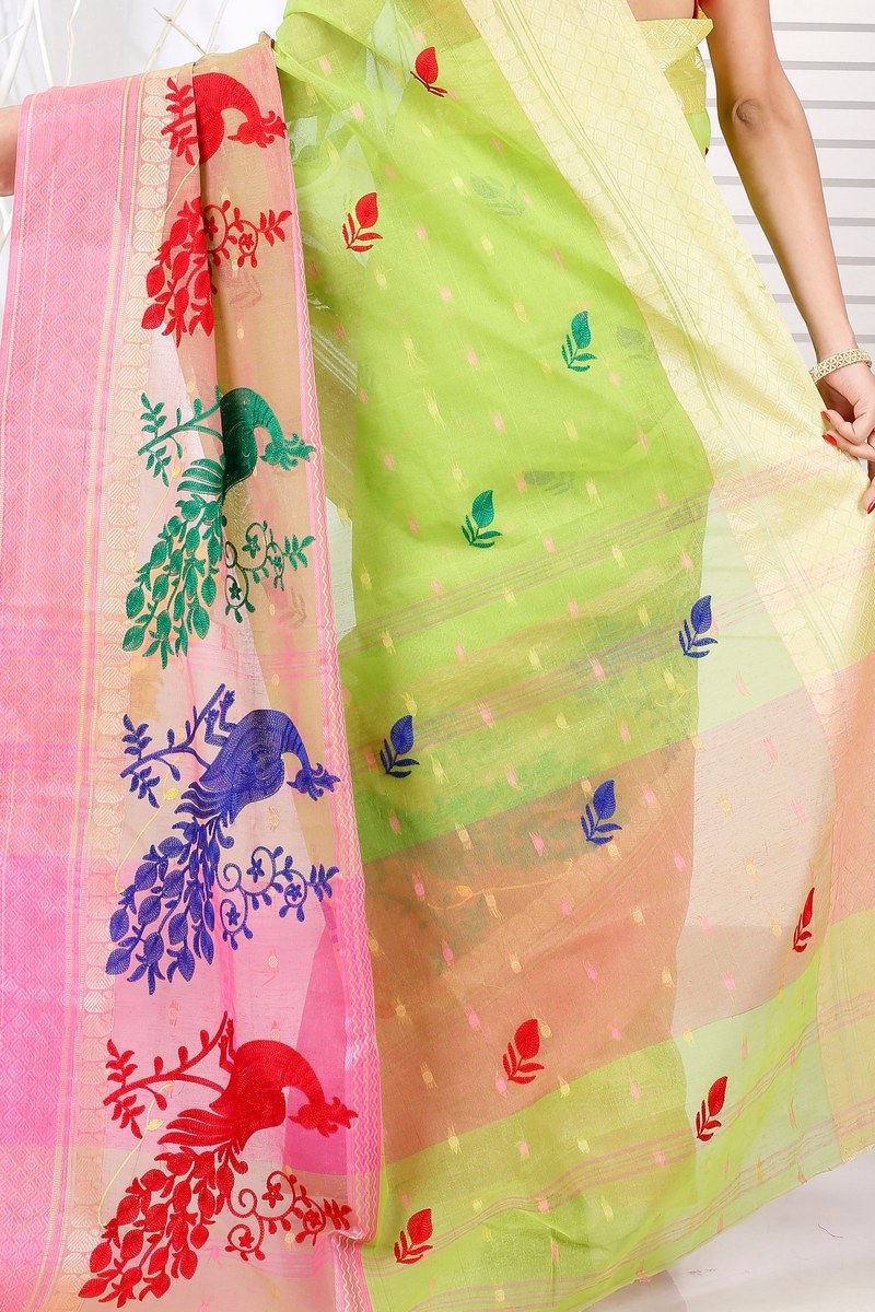 Light Green Pure Cotton Embi Ganga Moyur Tant Embroidery (1445)