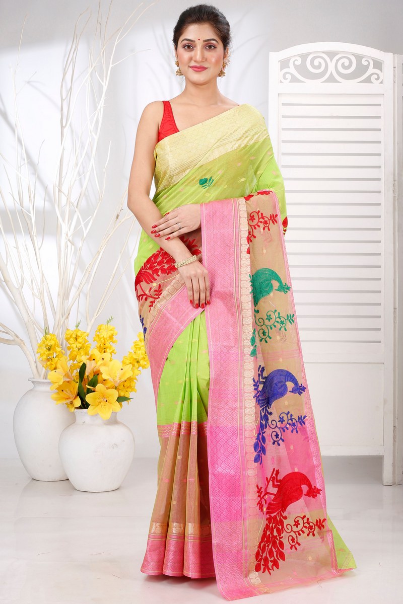 Light Green Pure Cotton Embi Ganga Moyur Tant Embroidery (1445)