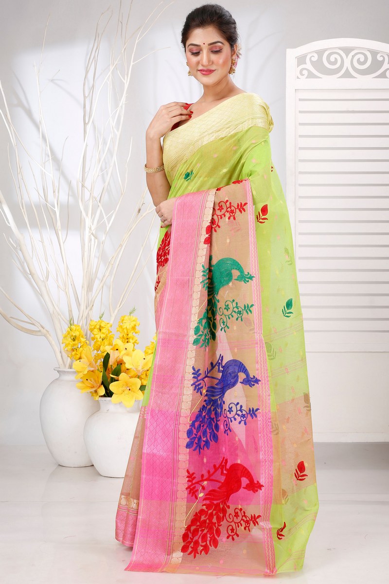 Light Green Pure Cotton Embi Ganga Moyur Tant Embroidery (1445)