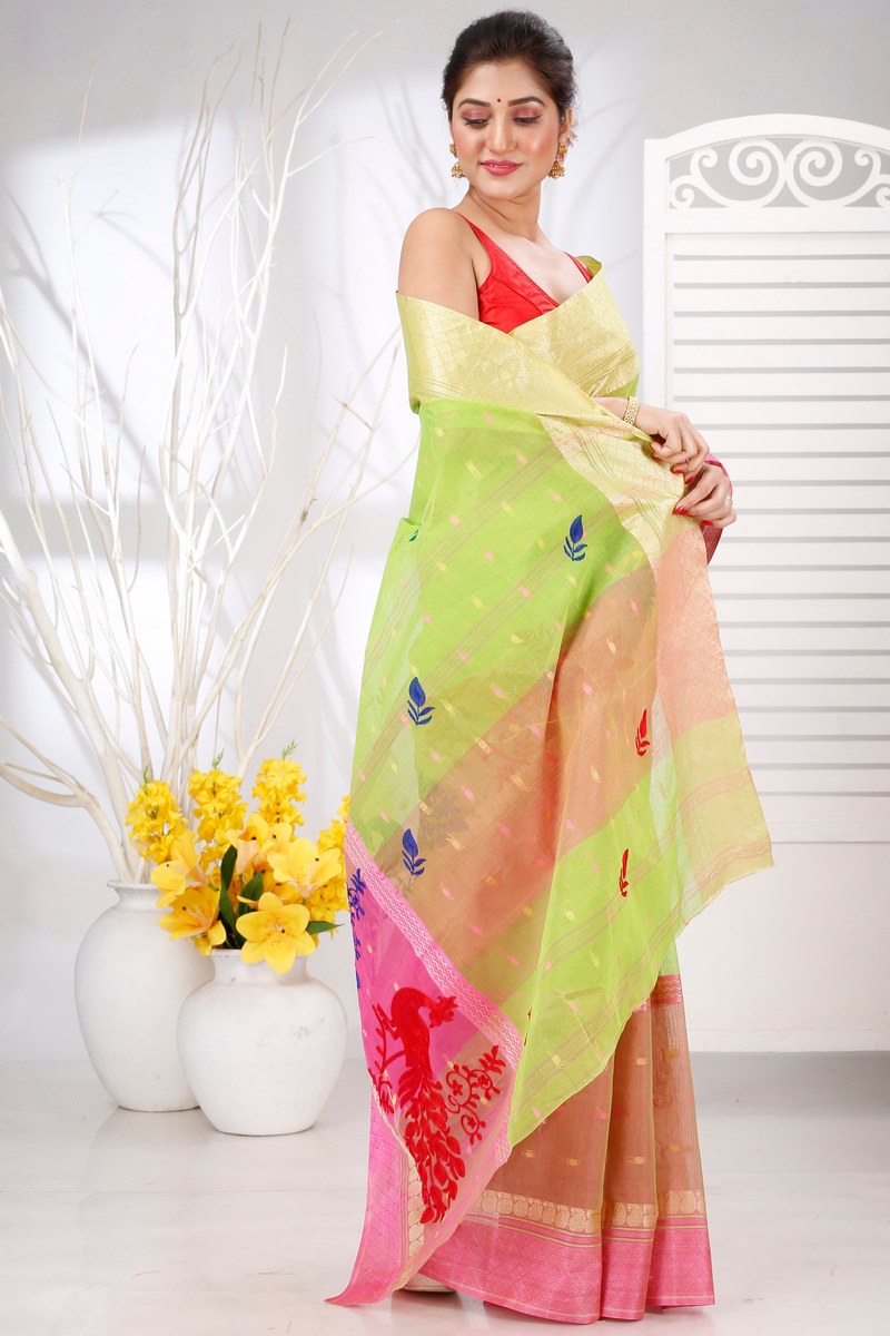 Light Green Pure Cotton Embi Ganga Moyur Tant Embroidery (1445)
