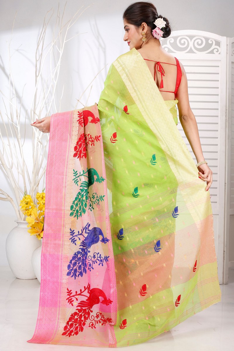 Light Green Pure Cotton Embi Ganga Moyur Tant Embroidery (1445)