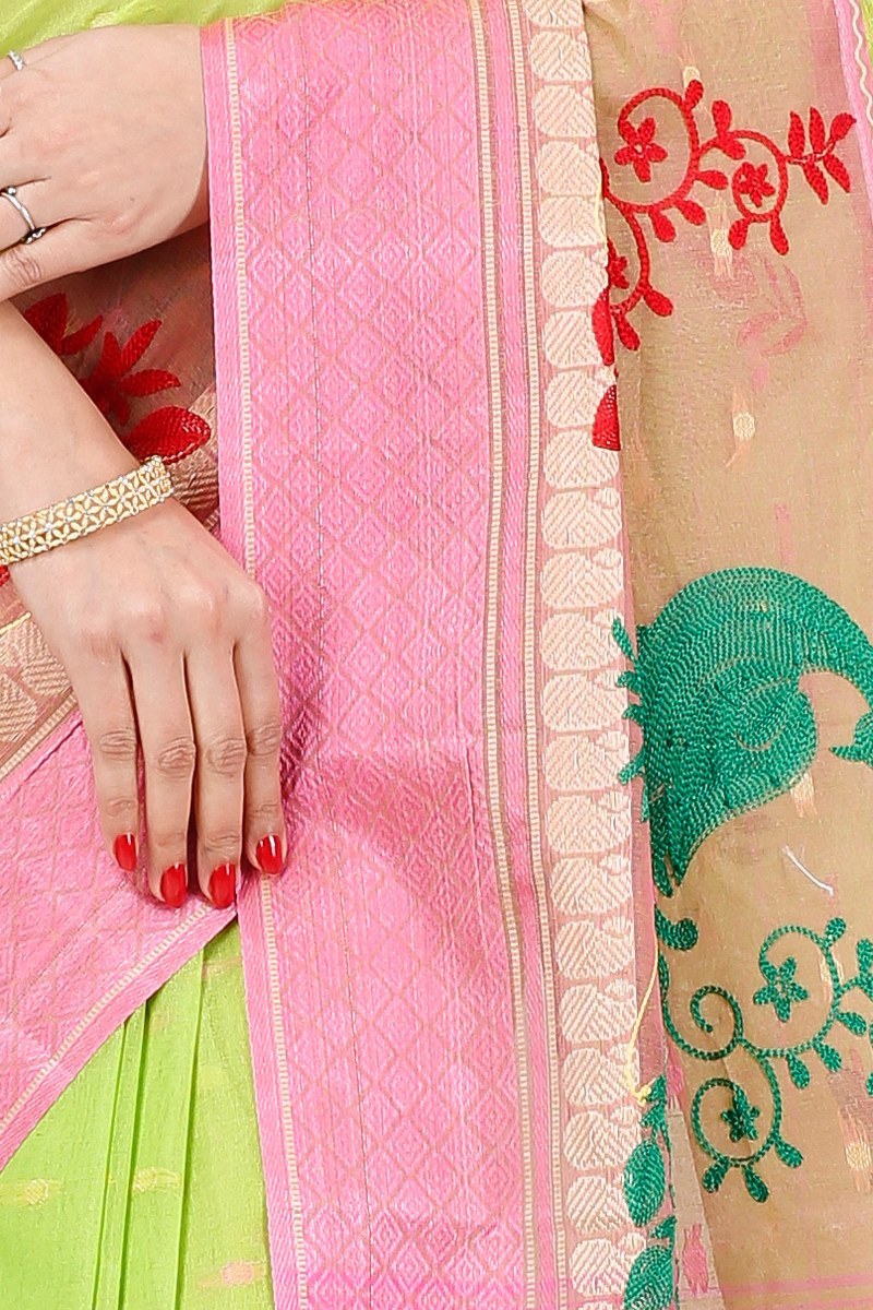 Light Green Pure Cotton Embi Ganga Moyur Tant Embroidery (1445)