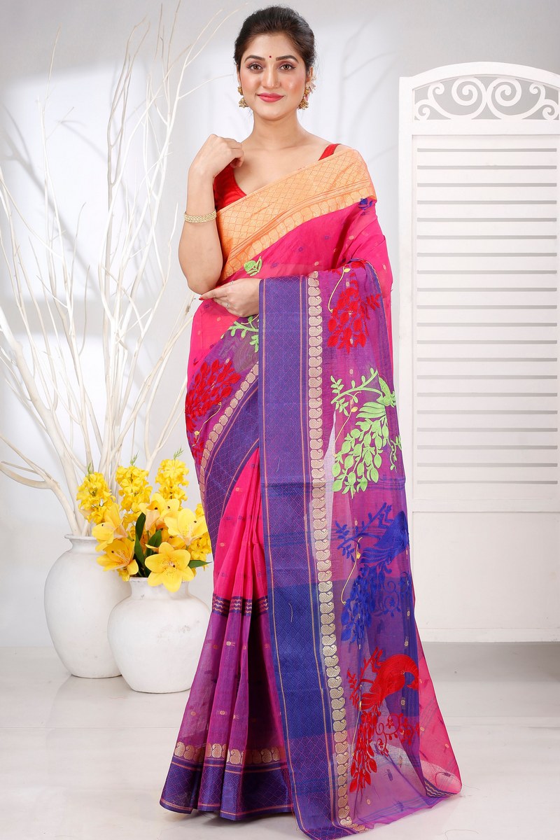 Pink Pure Cotton Embi Ganga Moyur Tant Embroidery (1446)
