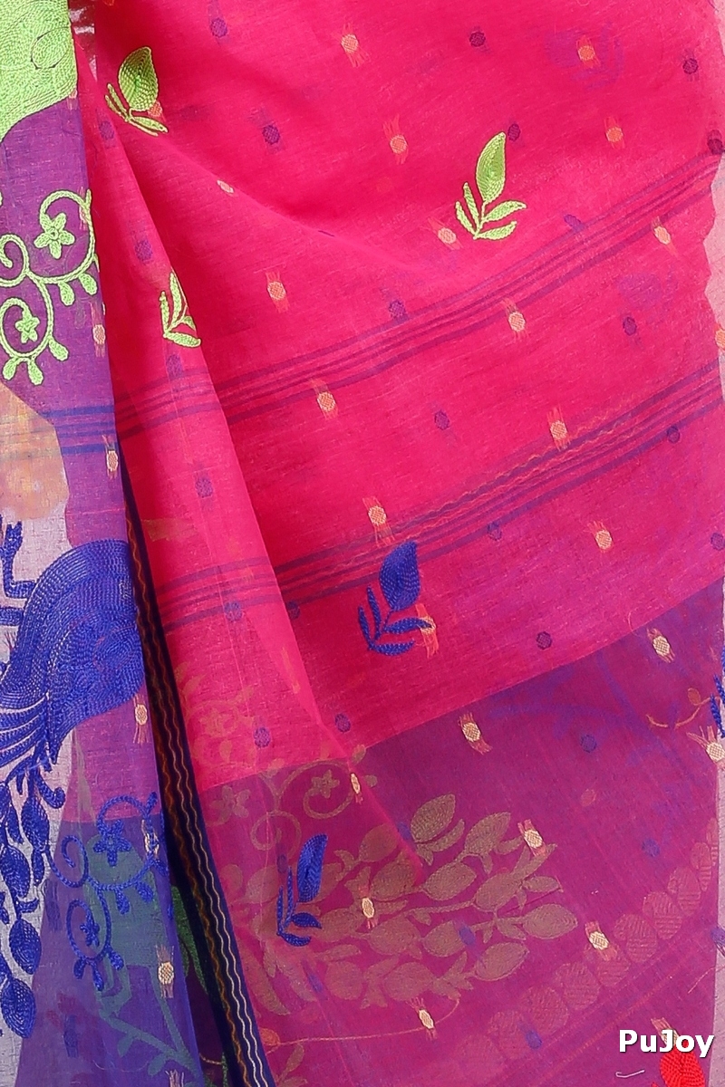 Pink Pure Cotton Embi Ganga Moyur Tant Embroidery (1446)