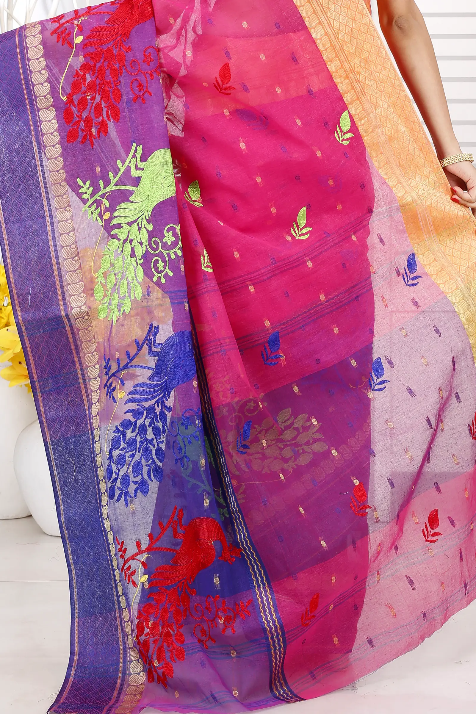 Pink Pure Cotton Embi Ganga Moyur Tant Embroidery (1446)
