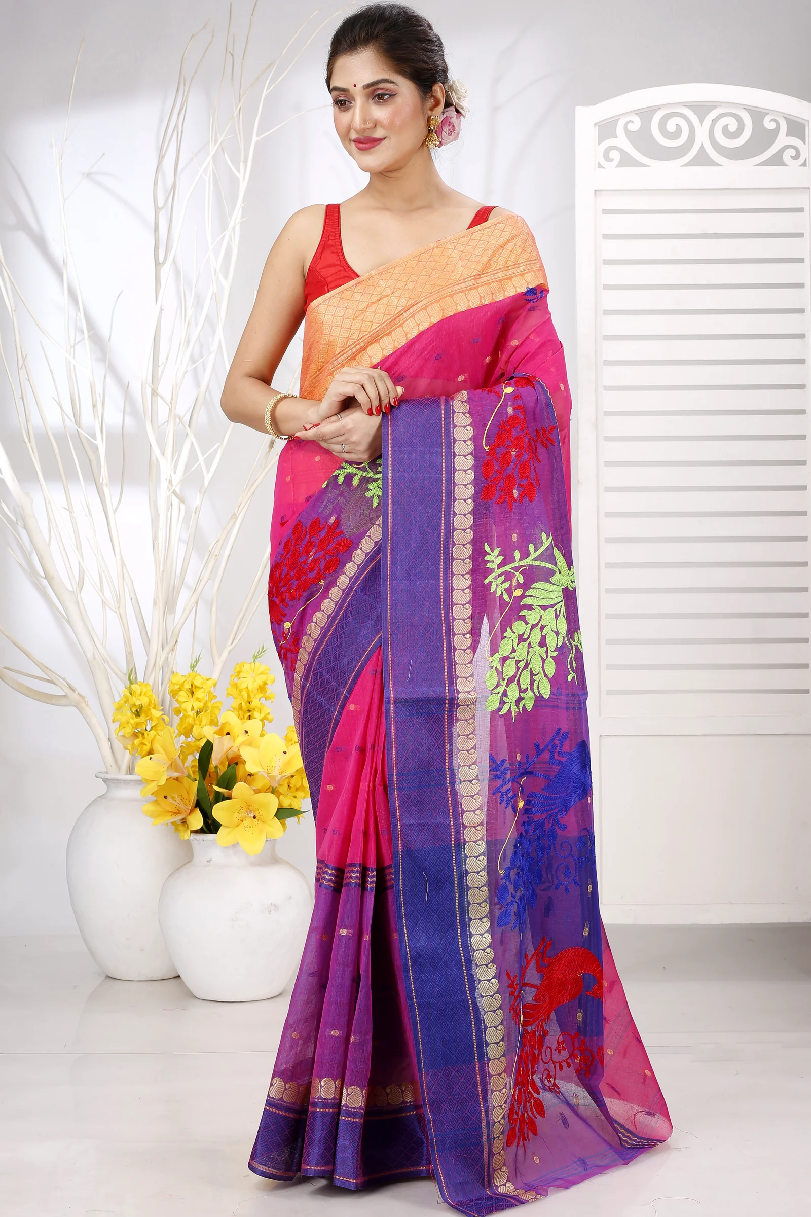 Pink Pure Cotton Embi Ganga Moyur Tant Embroidery (1446)