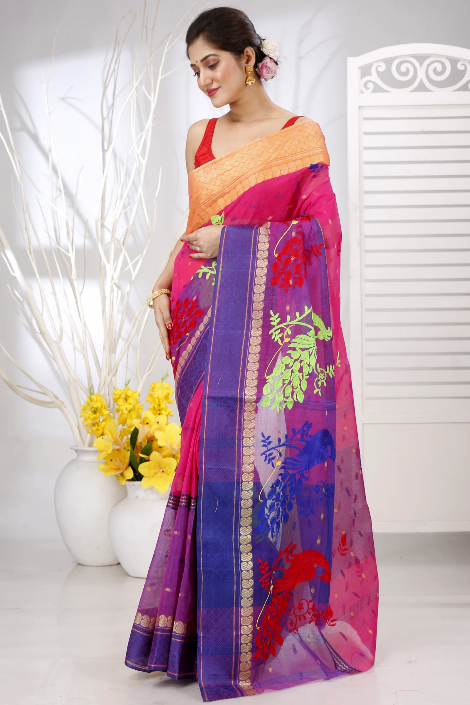 Pink Pure Cotton Embi Ganga Moyur Tant Embroidery (1446)