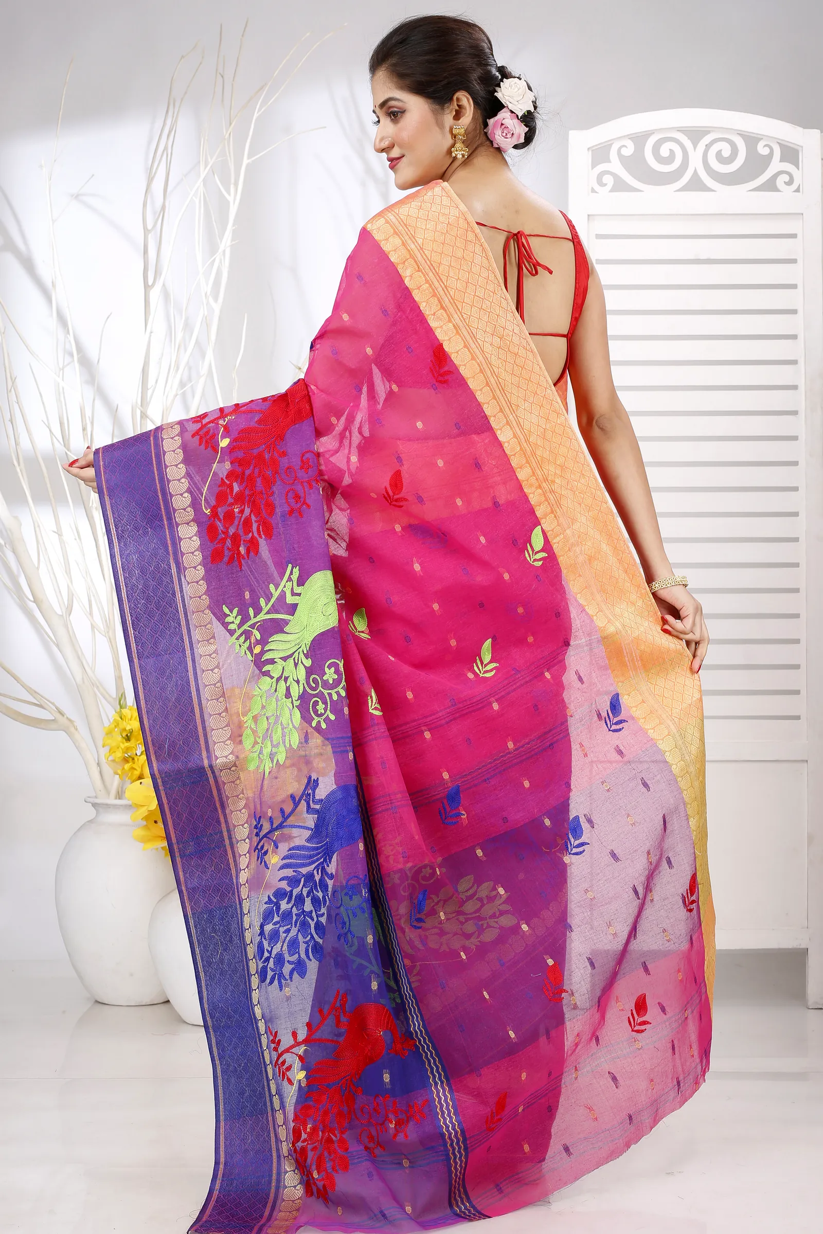 Pink Pure Cotton Embi Ganga Moyur Tant Embroidery (1446)