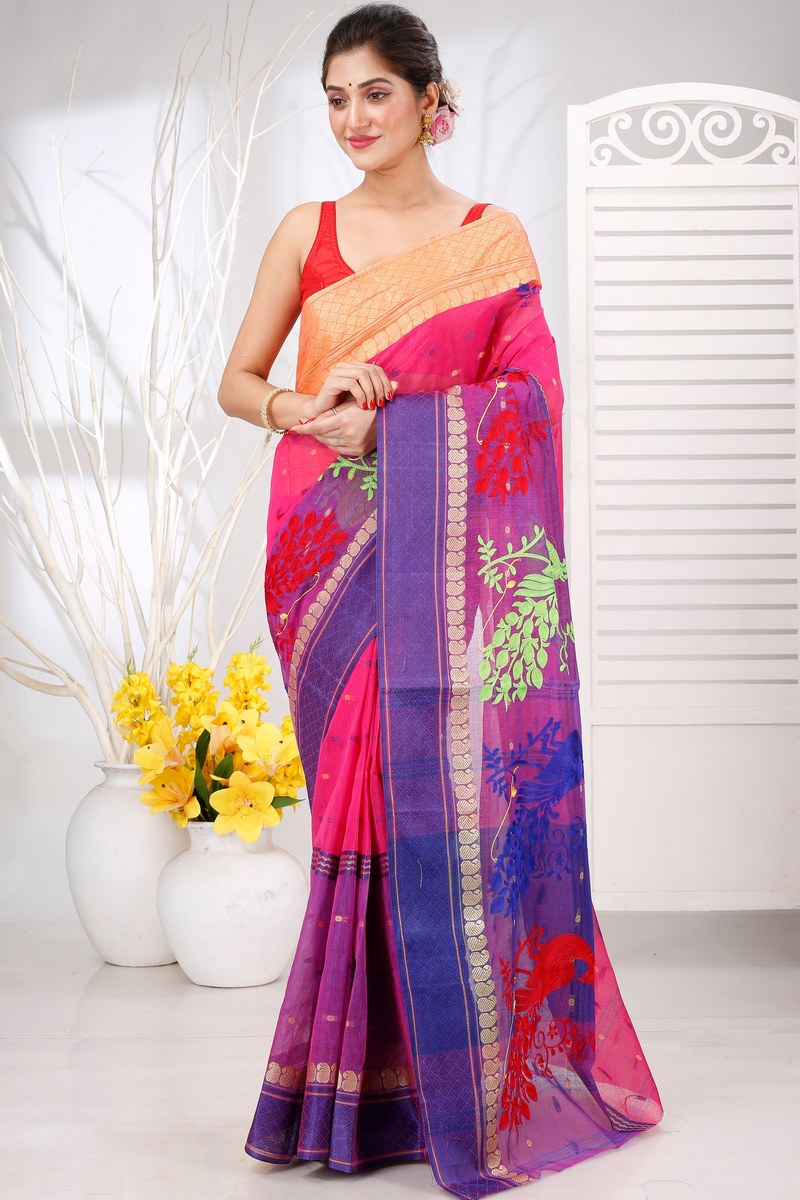 Pink Pure Cotton Embi Ganga Moyur Tant Embroidery (1446)