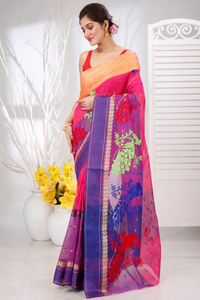 Pink Pure Cotton Embi Ganga Moyur Tant Embroidery (1446)