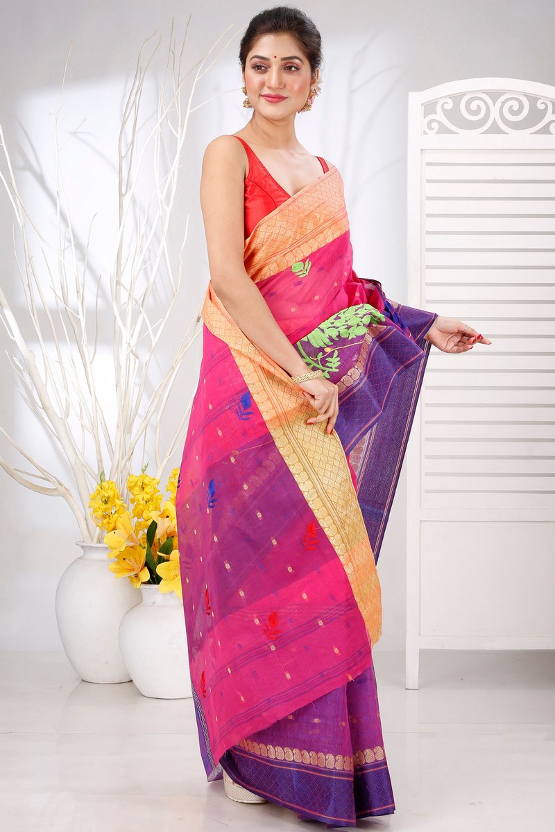 Pink Pure Cotton Embi Ganga Moyur Tant Embroidery (1446)