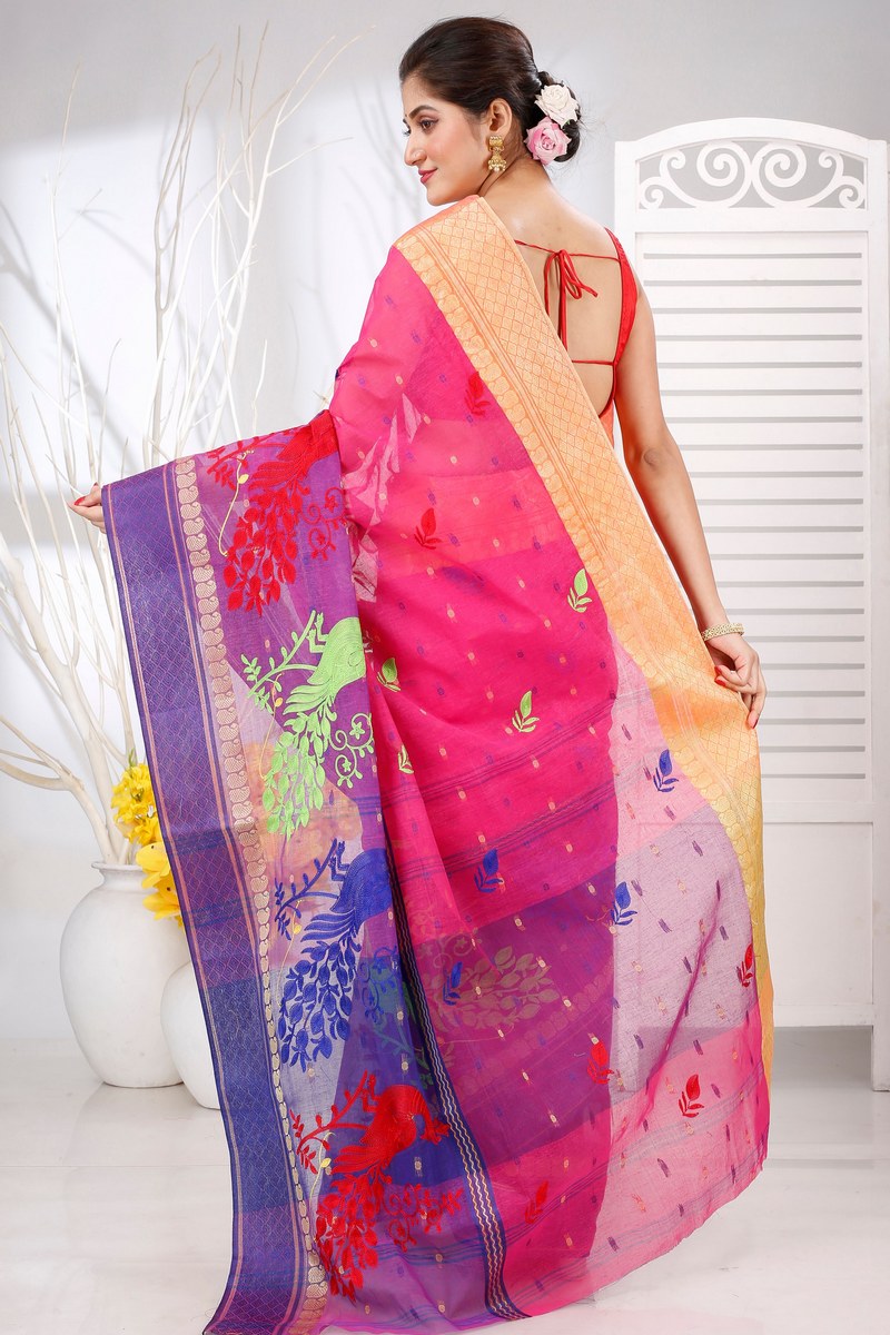 Pink Pure Cotton Embi Ganga Moyur Tant Embroidery (1446)