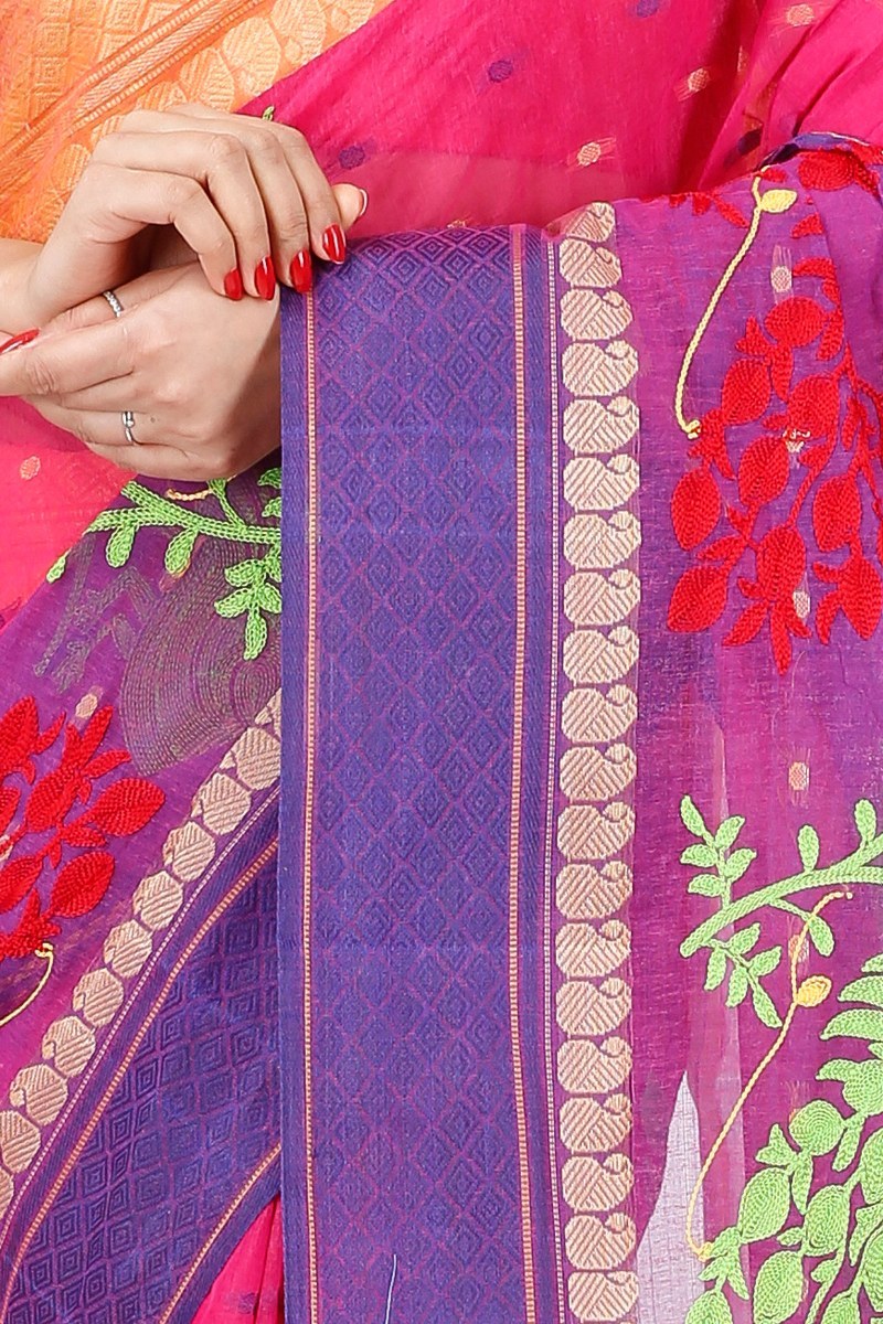 Pink Pure Cotton Embi Ganga Moyur Tant Embroidery (1446)