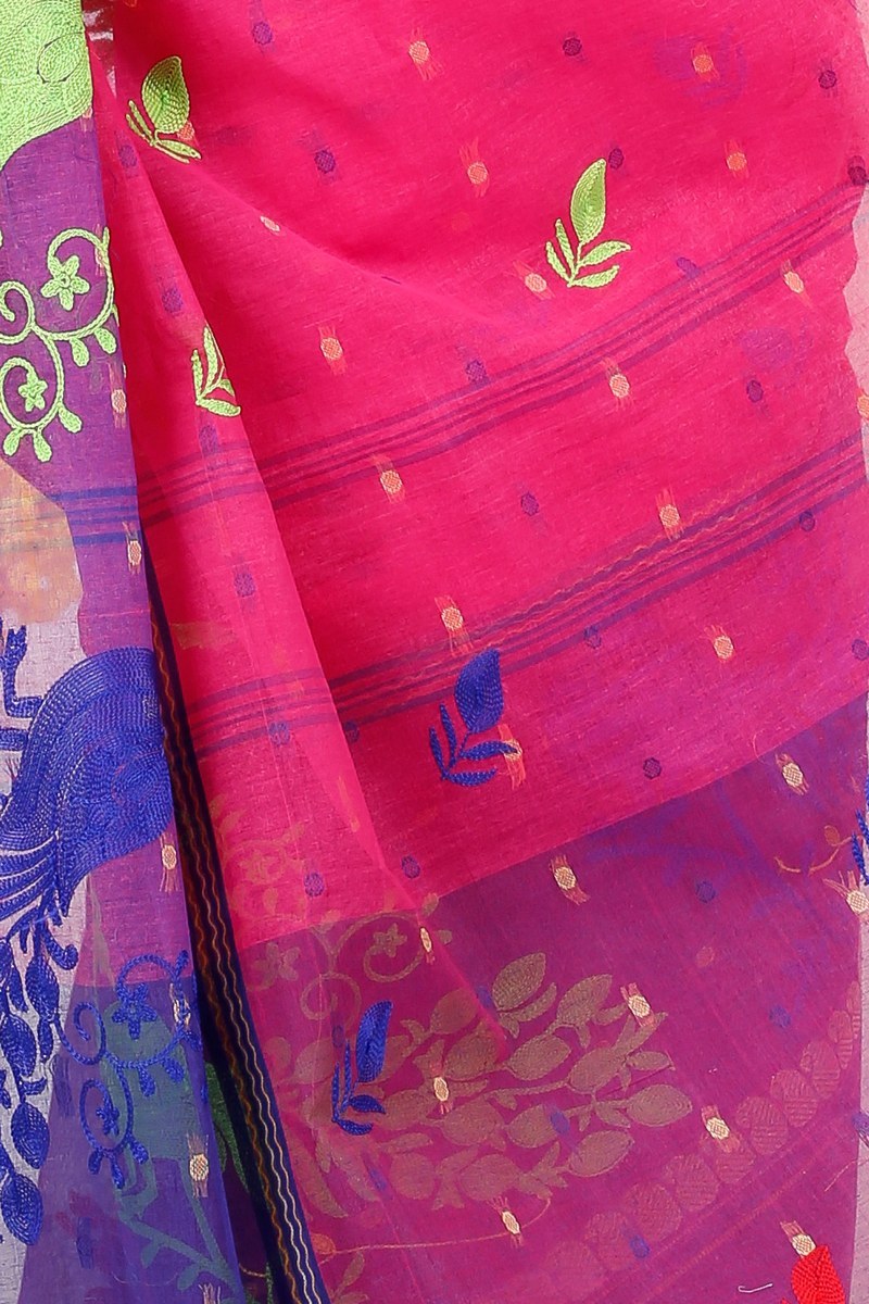 Pink Pure Cotton Embi Ganga Moyur Tant Embroidery (1446)