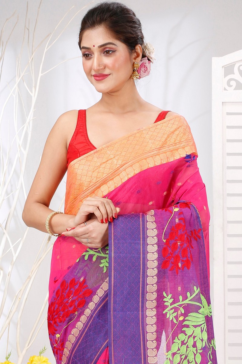 Pink Pure Cotton Embi Ganga Moyur Tant Embroidery (1446)
