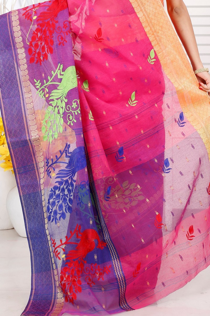 Pink Pure Cotton Embi Ganga Moyur Tant Embroidery (1446)