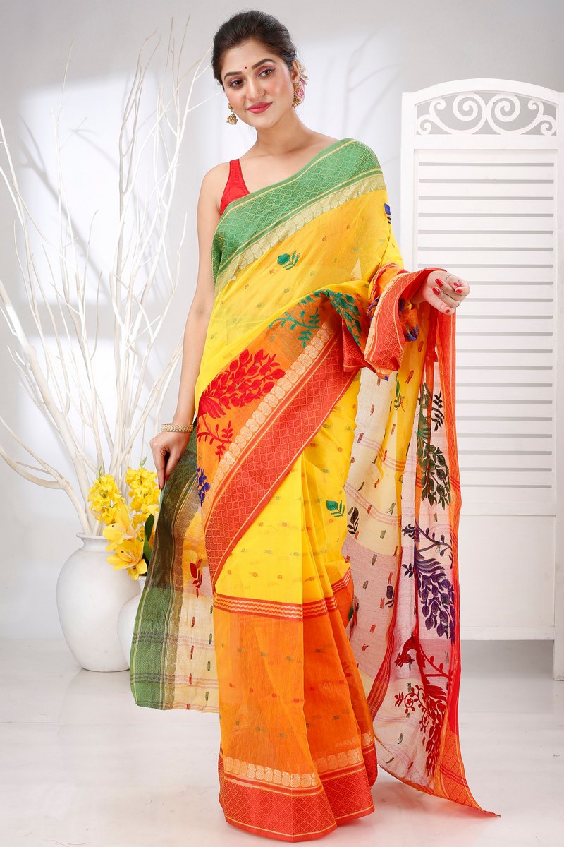 Yellow Red Pure Cotton Embi Ganga Moyur Tant Embroidery (1447)