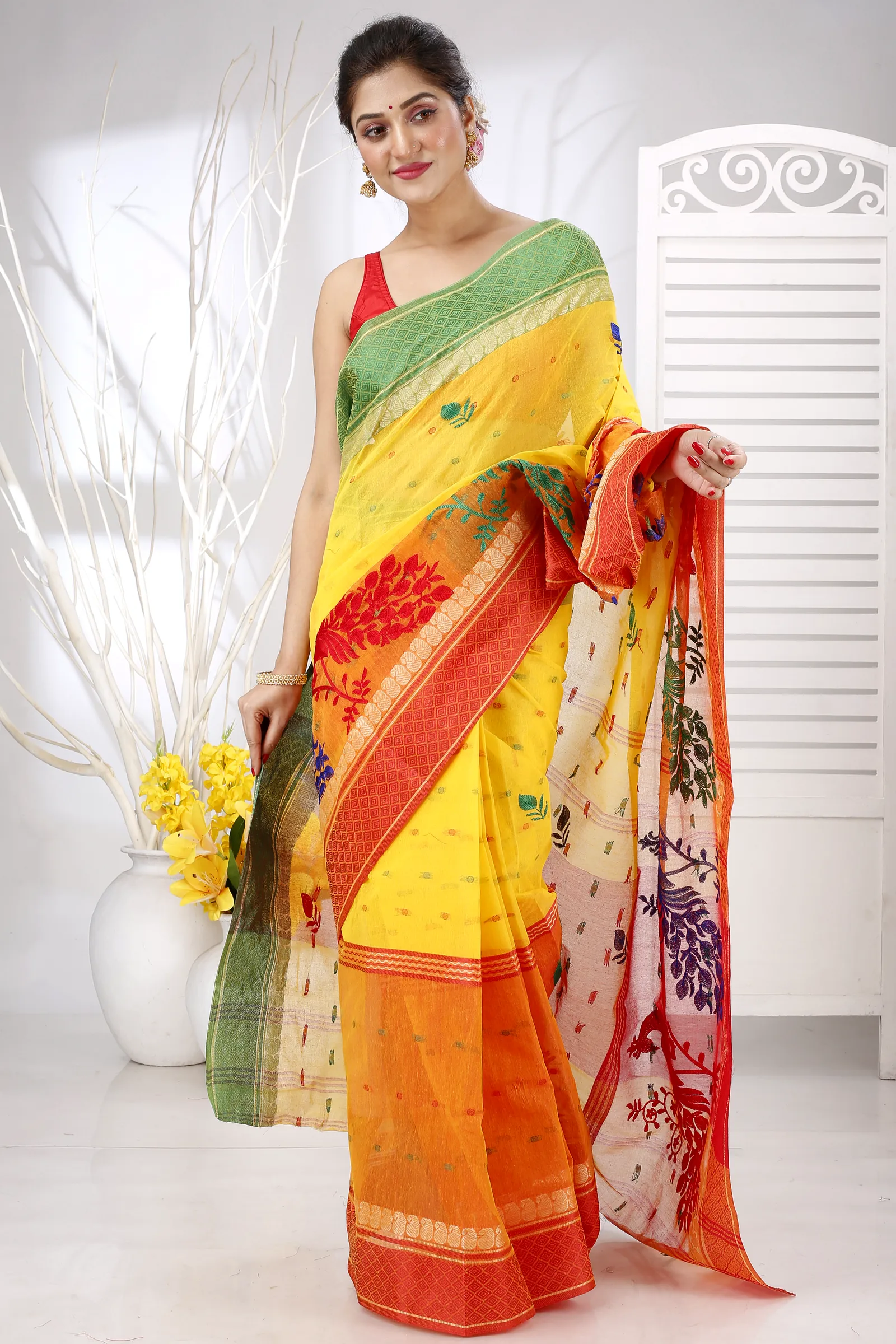 Yellow Red Pure Cotton Embi Ganga Moyur Tant Embroidery (1447)