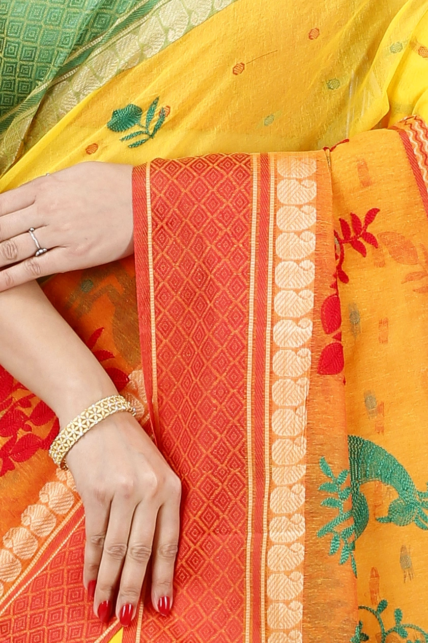 Yellow Red Pure Cotton Embi Ganga Moyur Tant Embroidery (1447)