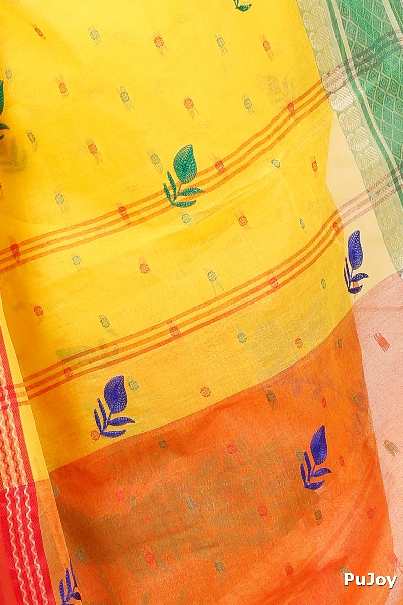 Yellow Red Pure Cotton Embi Ganga Moyur Tant Embroidery (1447)