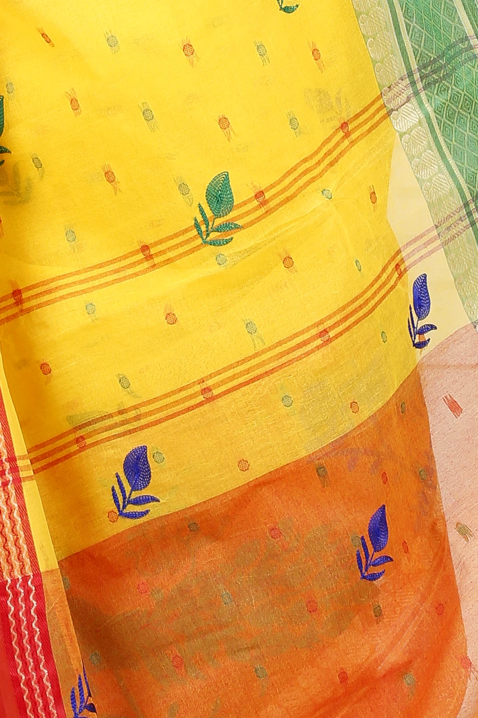 Yellow Red Pure Cotton Embi Ganga Moyur Tant Embroidery (1447)