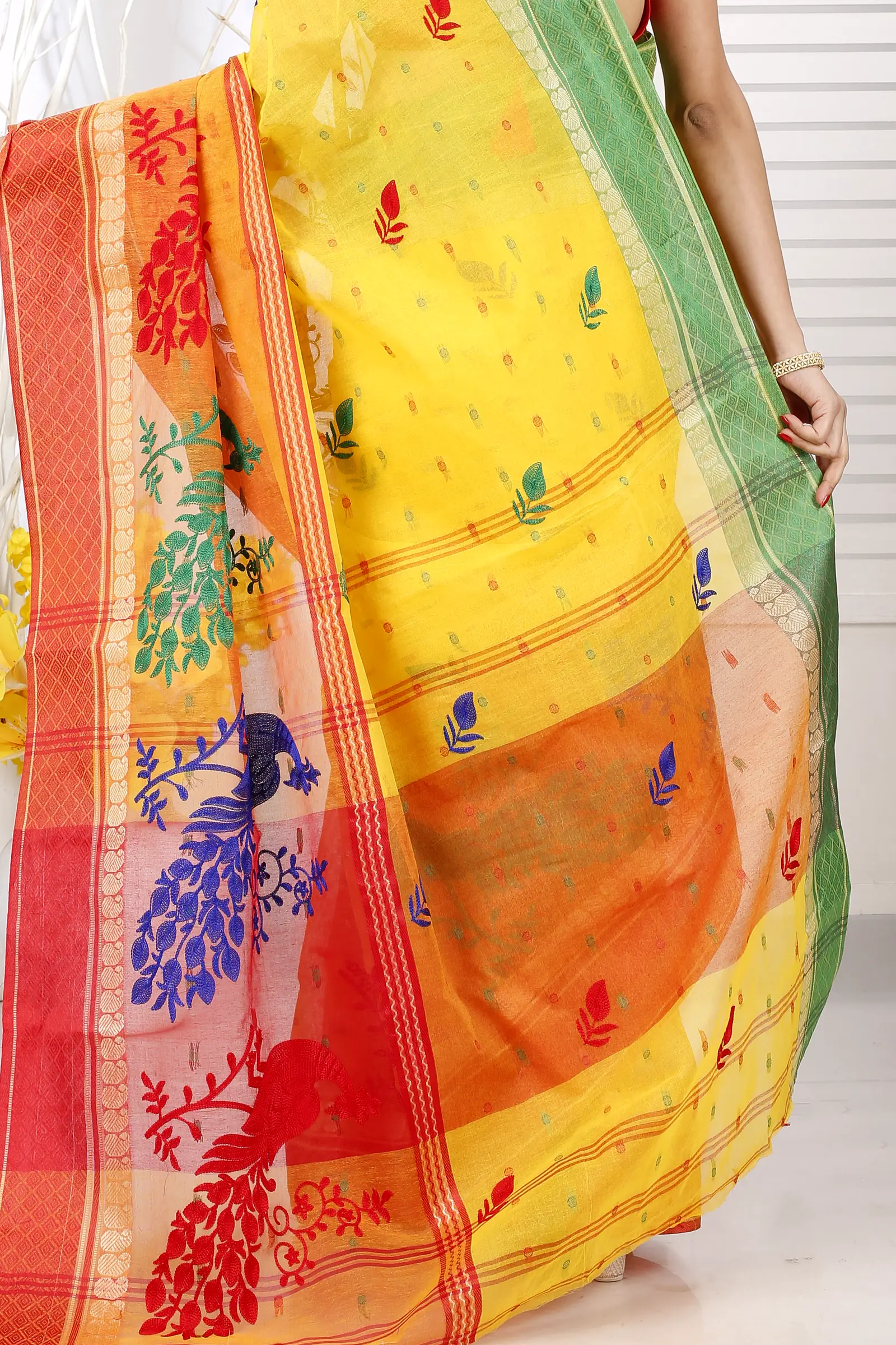 Yellow Red Pure Cotton Embi Ganga Moyur Tant Embroidery (1447)