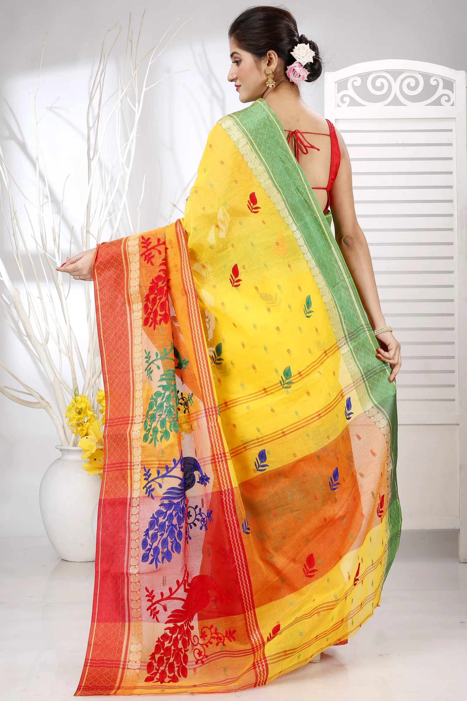 Yellow Red Pure Cotton Embi Ganga Moyur Tant Embroidery (1447)