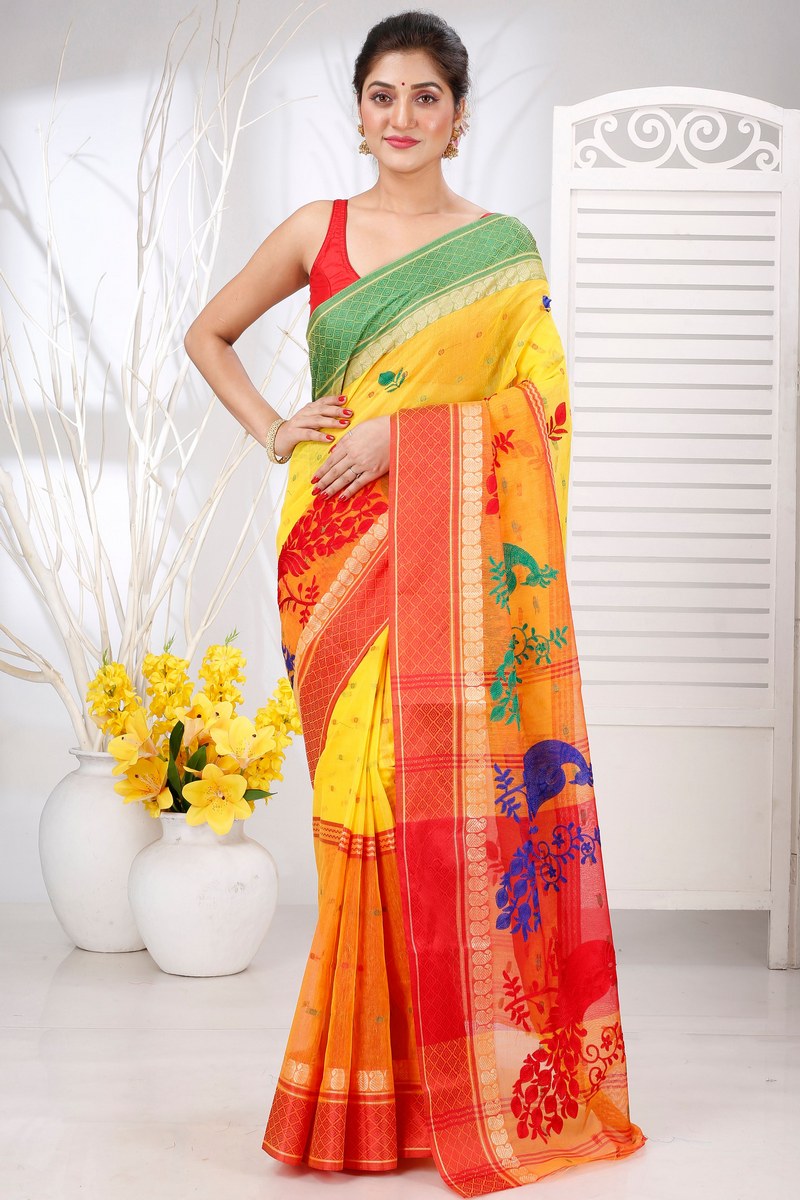 Yellow Red Pure Cotton Embi Ganga Moyur Tant Embroidery (1447)