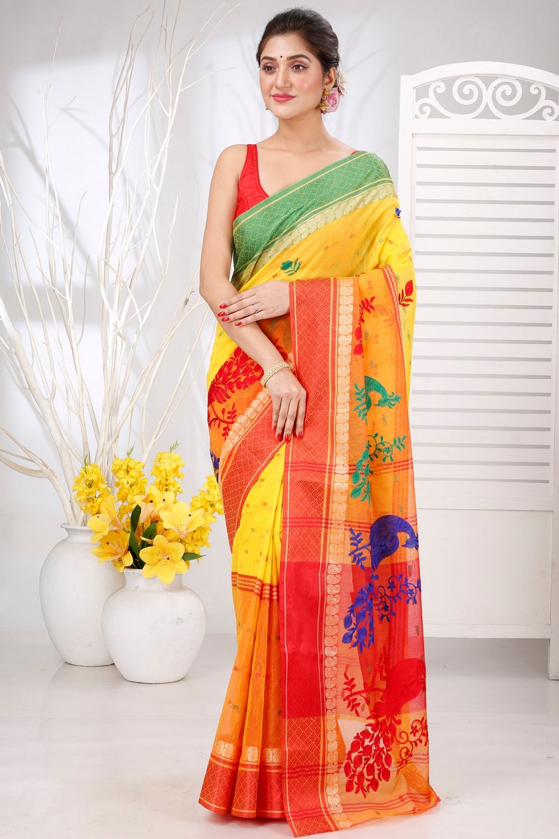 Yellow Red Pure Cotton Embi Ganga Moyur Tant Embroidery (1447)