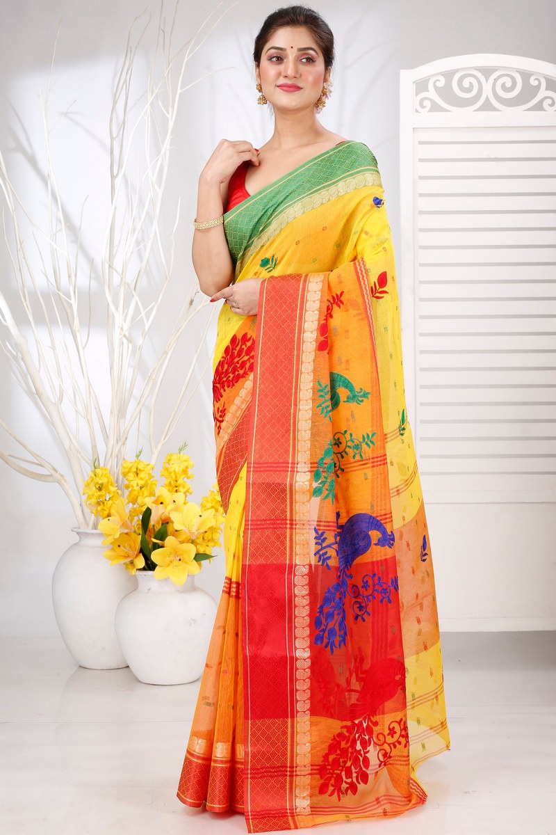 Yellow Red Pure Cotton Embi Ganga Moyur Tant Embroidery (1447)