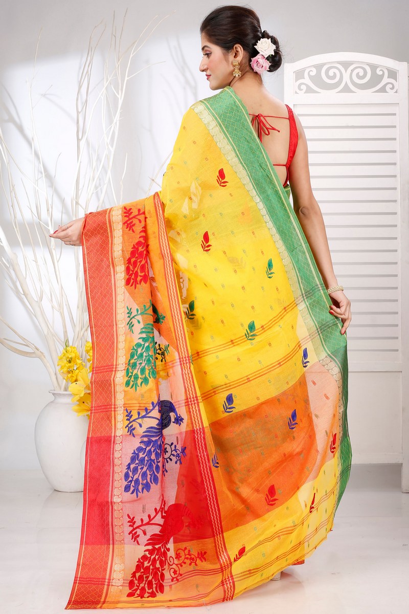 Yellow Red Pure Cotton Embi Ganga Moyur Tant Embroidery (1447)