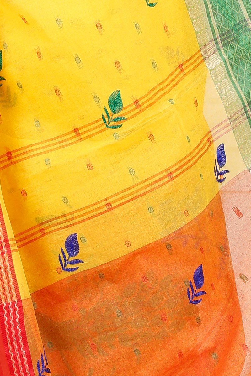 Yellow Red Pure Cotton Embi Ganga Moyur Tant Embroidery (1447)