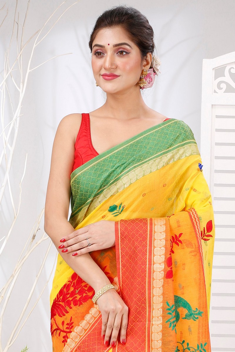 Yellow Red Pure Cotton Embi Ganga Moyur Tant Embroidery (1447)